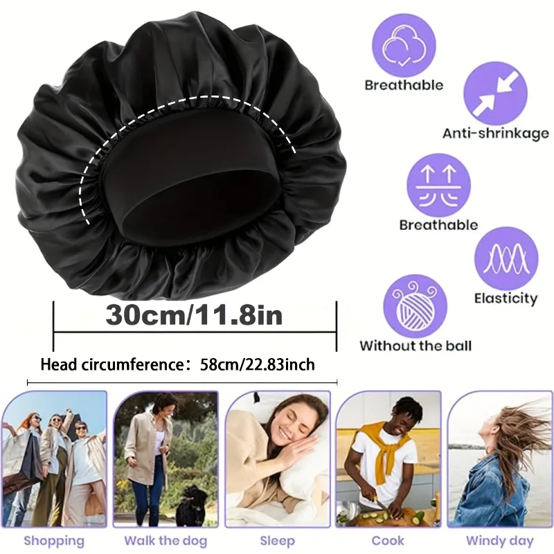 Women Satin Sleep Bonnet Wide Band Elastic Hair Wrap Night Cap Beauty Care Bathing Hat for Natural Curly Hair Gift for Women