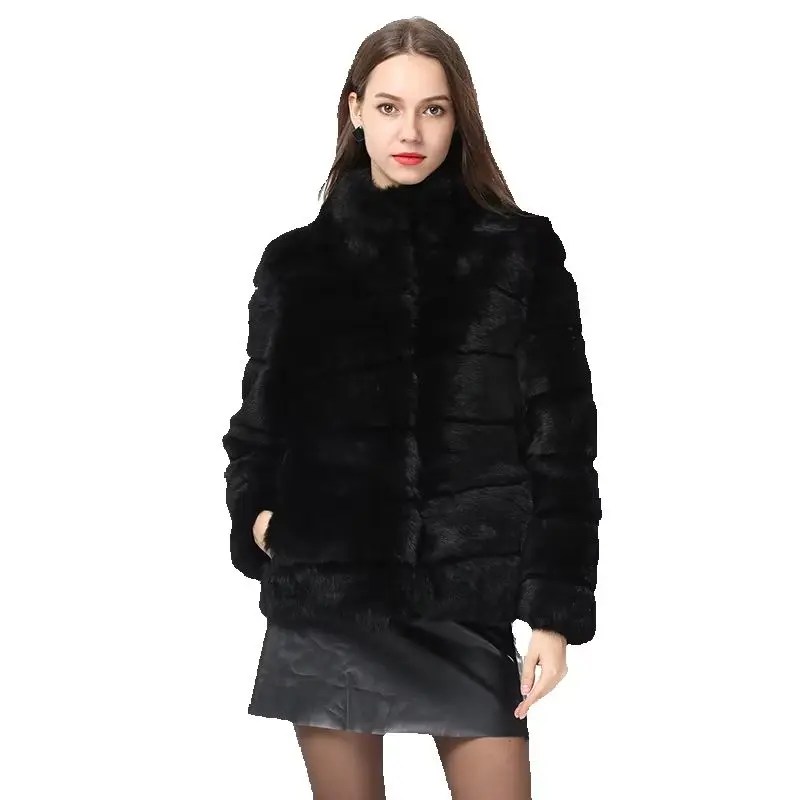 QUEENTINA  Rabbit Fur Coat Collar Whole Full Pelt Fashion Luxury Waistcoat Natural Imitation Coats New Women's Winter Jacket
