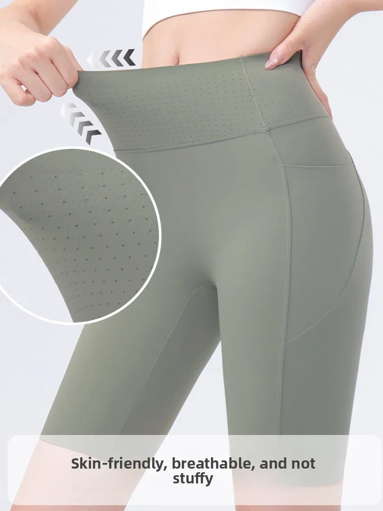 아이스 실크 5부 아크스킨 요가 팬츠 여성 여름 얇은 하이웨이스트 뱃살 보정 힙업 사이클링 팬츠