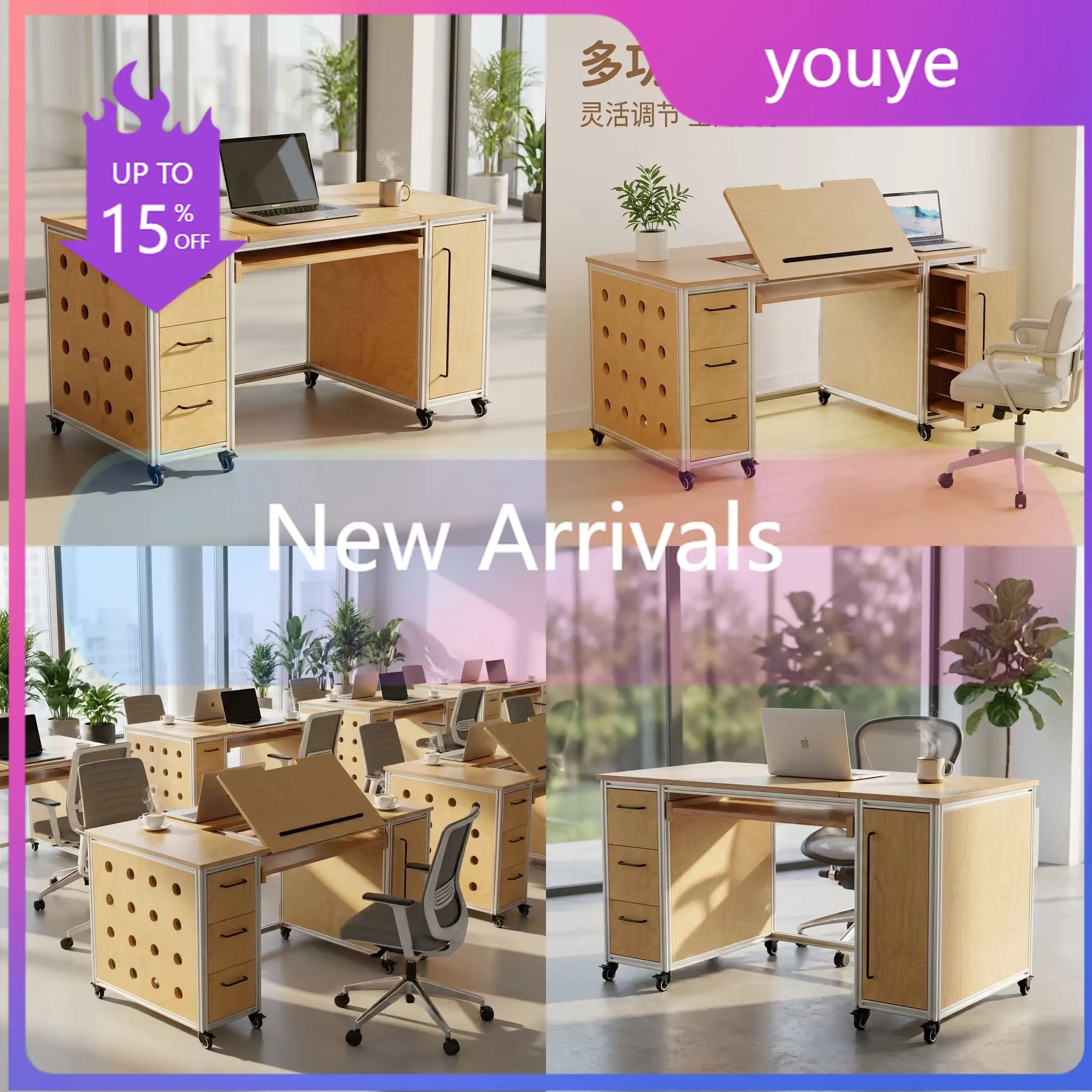J81 Industrial Modern Minimalist Birch Wood Office Desk with Drawers Mobile Workstation Sturdy Large Capacity