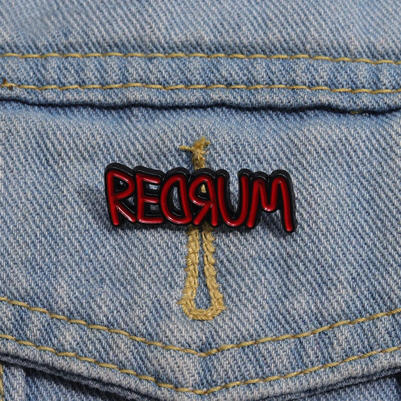 

REDRUM Enamel Pins Custom Red Letters Brooches Lapel Badges Punk Gothic Horror Movie Jewelry Gift for Kids Friends