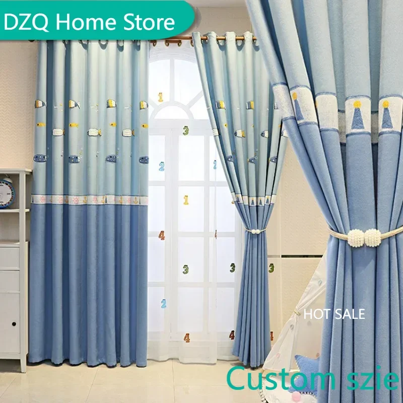 

Cartoon Embroidered Curtains for Living Dining Room Bedroom Children's Room Window Simple Fabric Stitching Blackout Stitching