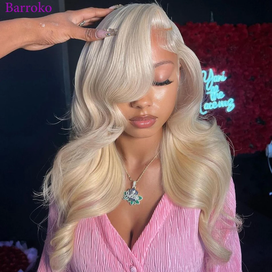 Barroko-Perruque Lace Front Wig Body Wave brésilienne naturelle, cheveux Remy, rose ombré 613, 34 pouces, pre-plucked, pour femmes africaines