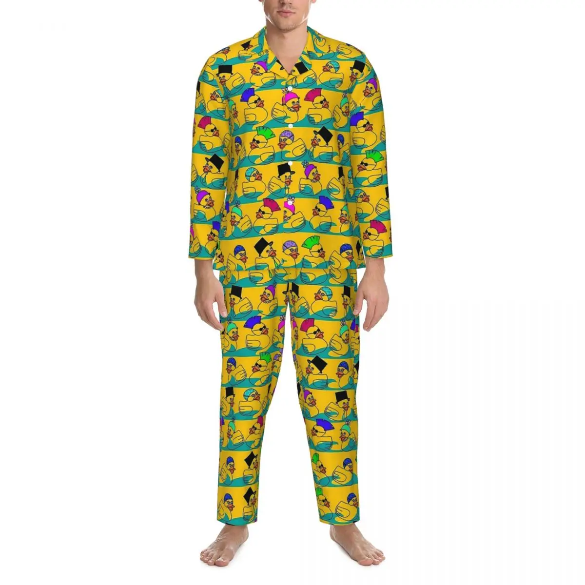 Funny Rubber Ducks Print Pajama Set Spring Home Sleepwear Men Two Piece Casual Oversized Pattern Home Suit Birthday Present