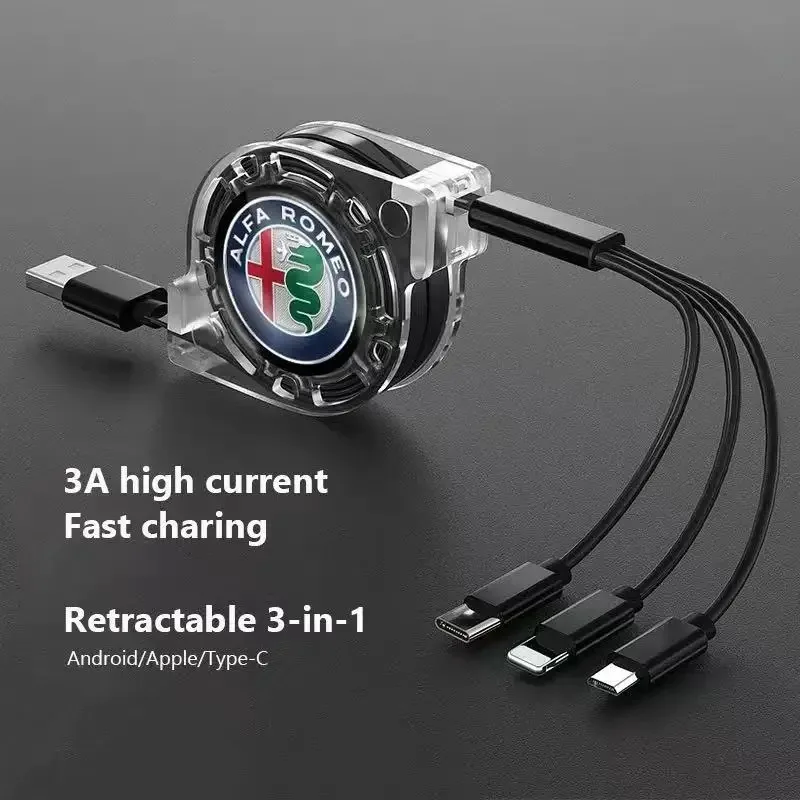 Cable de datos 3 en 1 para teléfono escalable, Cable de carga rápida, accesorios para coche para Alfa Romeo Giulietta Mito Giulia Stelvio Brera 147 156
