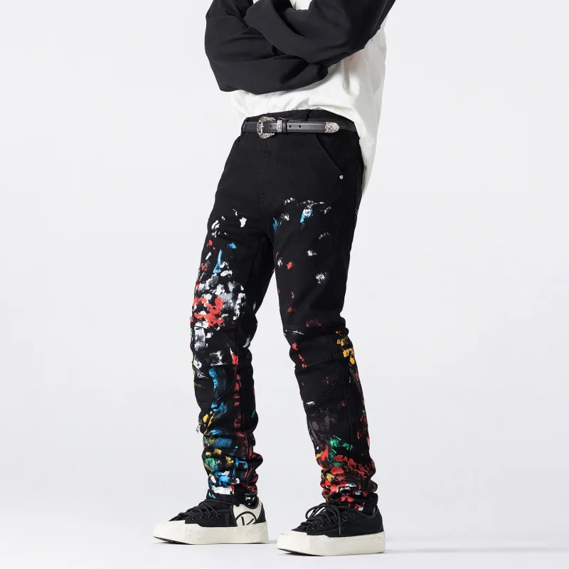 2025 autumn new splashed ink graffiti printed black jeans men's street fashion trendy high-end pants