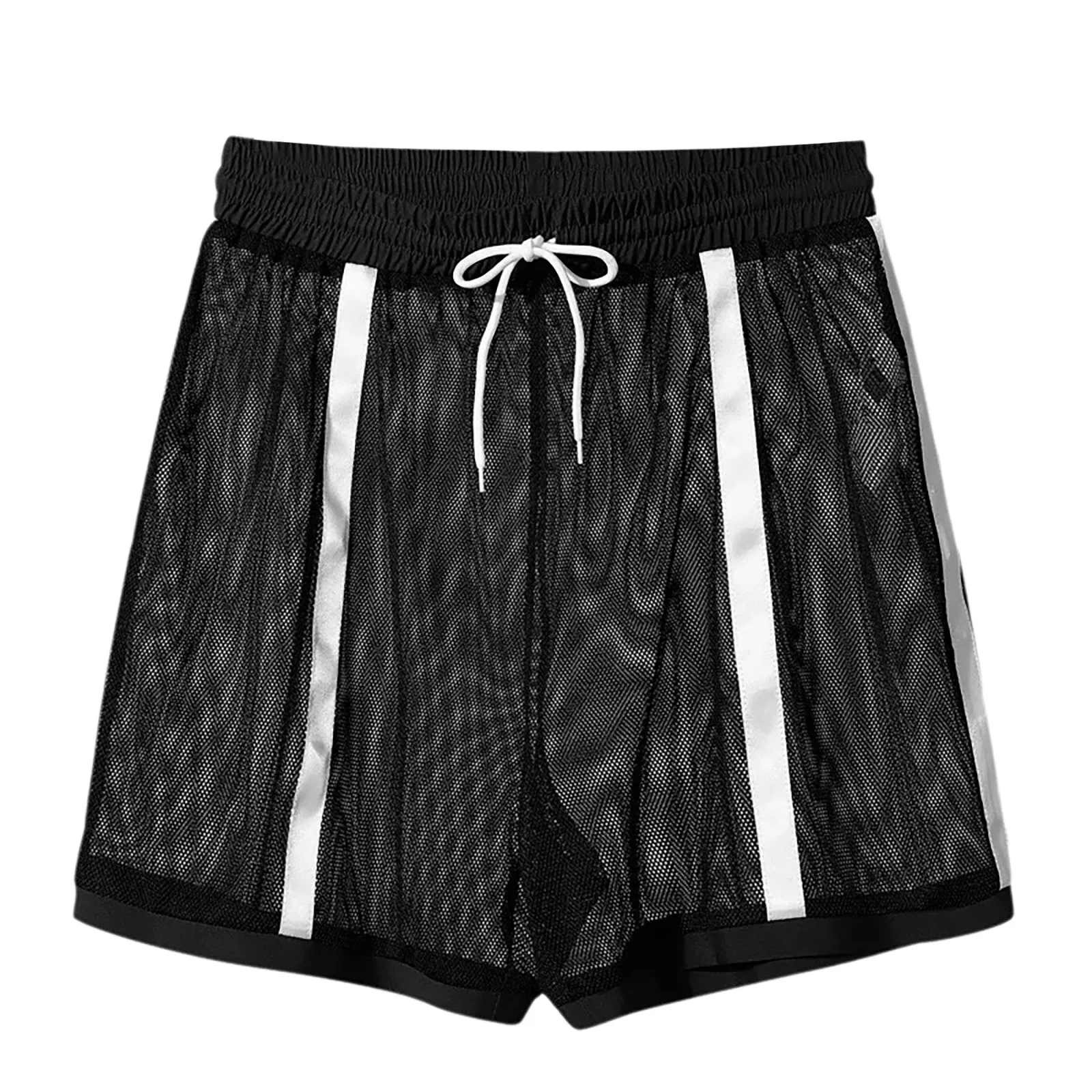 Men Athletic Gym Workout Fitness Running Fitness Shorts Drawstring Elastic Waistband Color Block Stripes Hollow Out Sport Shorts