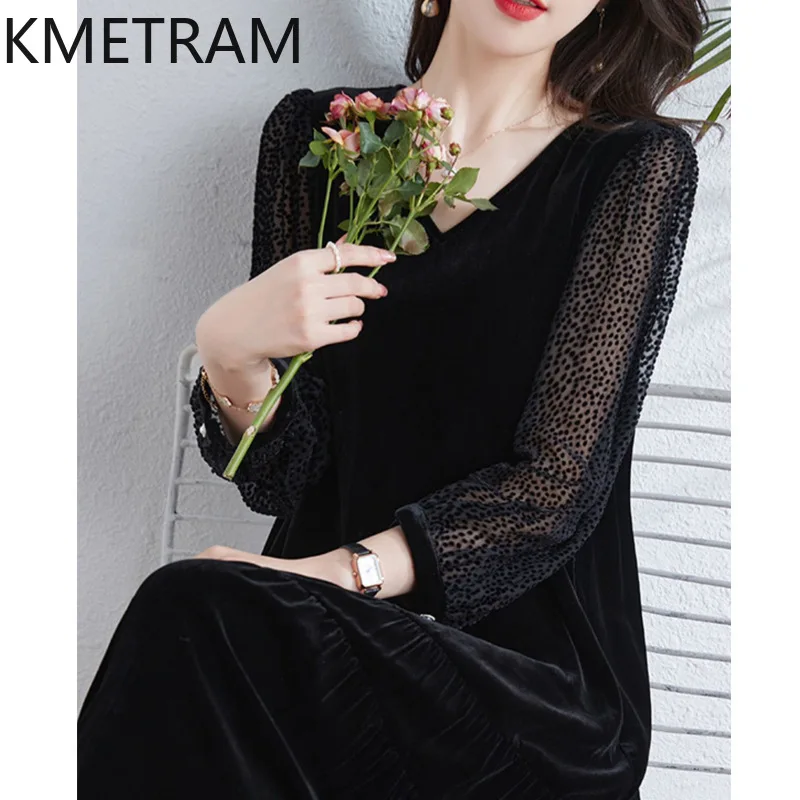 KMETRAM ผ้าไหมหม่อนแท้ 100% หรูหราพรรคเดรสแขนยาวกํามะหยี่สีทองเสื้อผ้าผู้หญิง 2024 ฤดูร้อน Frocks Vestidos