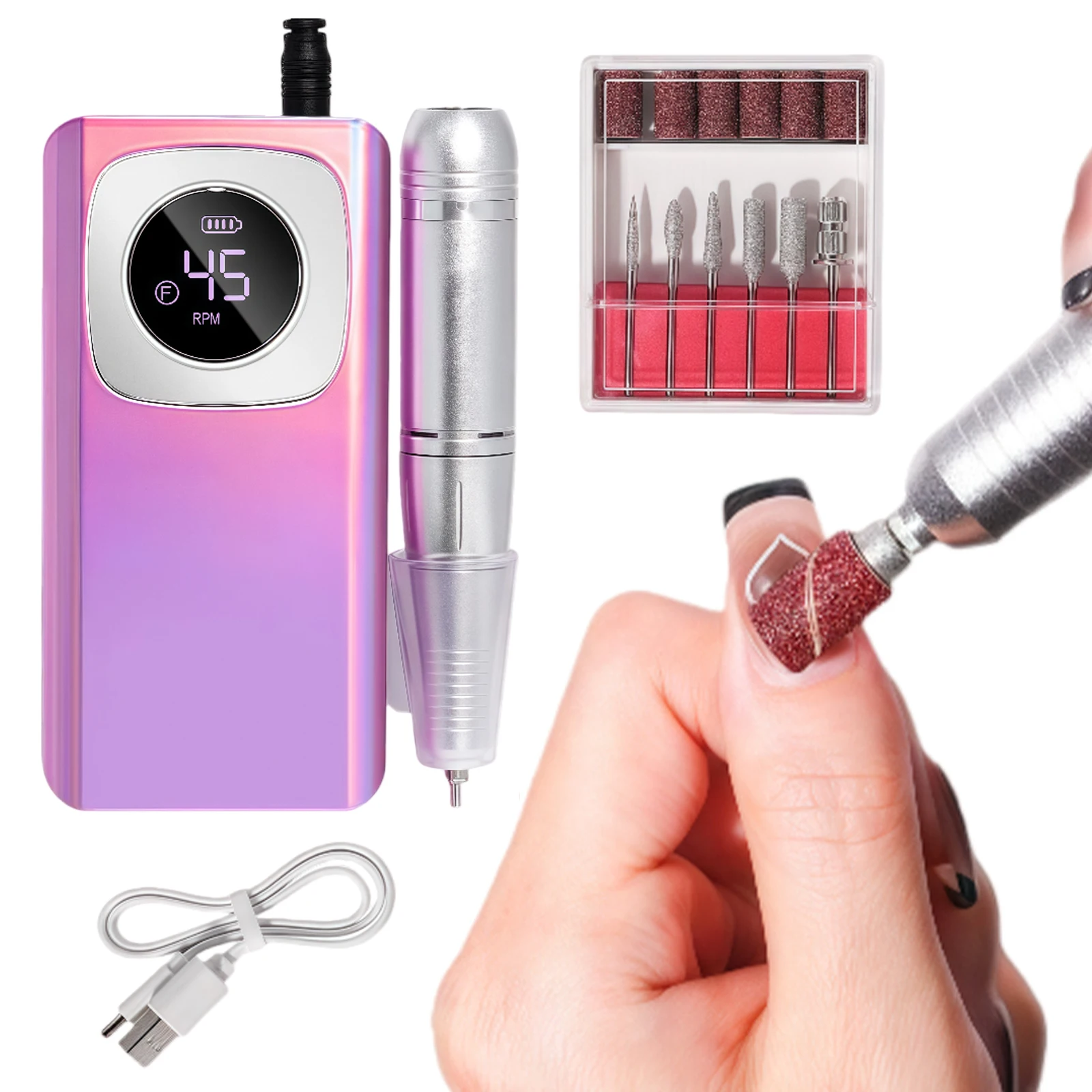 

45000RPM Cordless Nail Drill Electric File for Acrylic Gel Nails Rechargeable Efile Kit & 6 Bits Sanding Bands Manicure Pedicure