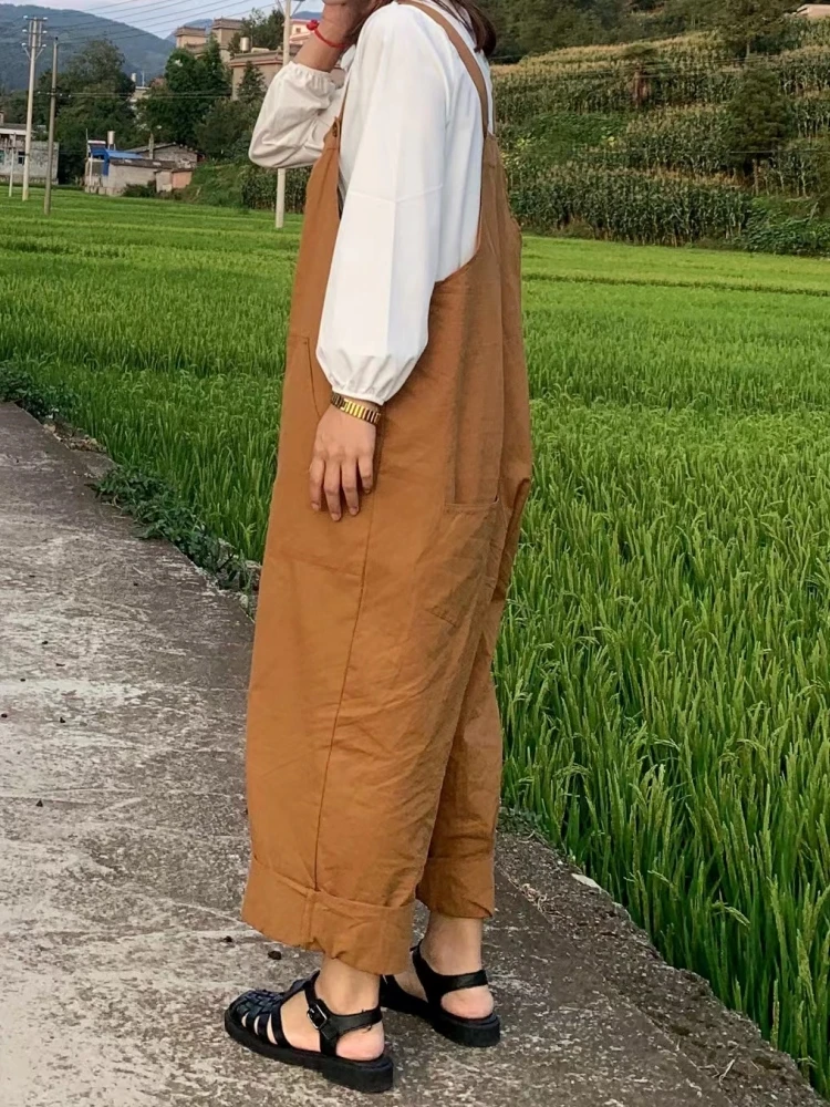 Solid Pockets Casual Mom Cotton Wide Leg Pants Summer Loose Office Lady Korean Fashion Black Jumpsuits New Cute Women Clothes