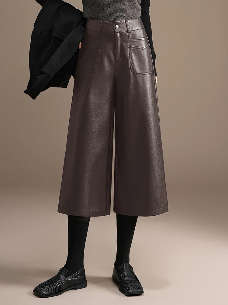 ZUZK جودة عالية بولي Leather الجلود كابري السراويل جديد إمرأة 2026 الخريف الشتاء شيك قصيرة بولي بنطال بنطال جلدي أنيق بنطال جلدي #4