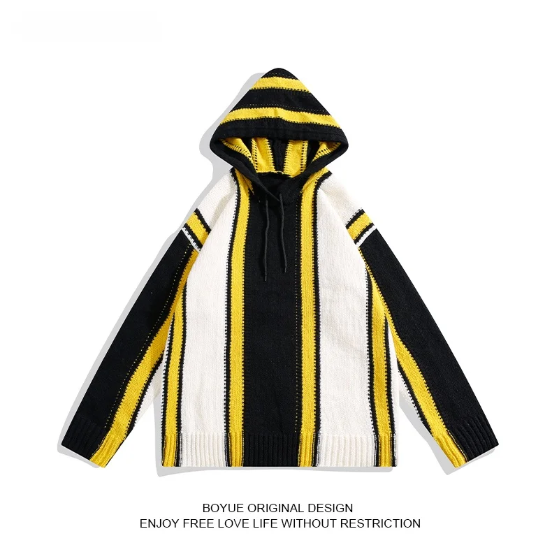 

Мужской осенне-зимний вязаный свитер с капюшоном в стиле пэчворк, ретро-дизайн, повседневное длинное пальто для молодежи, теплый, в полоску