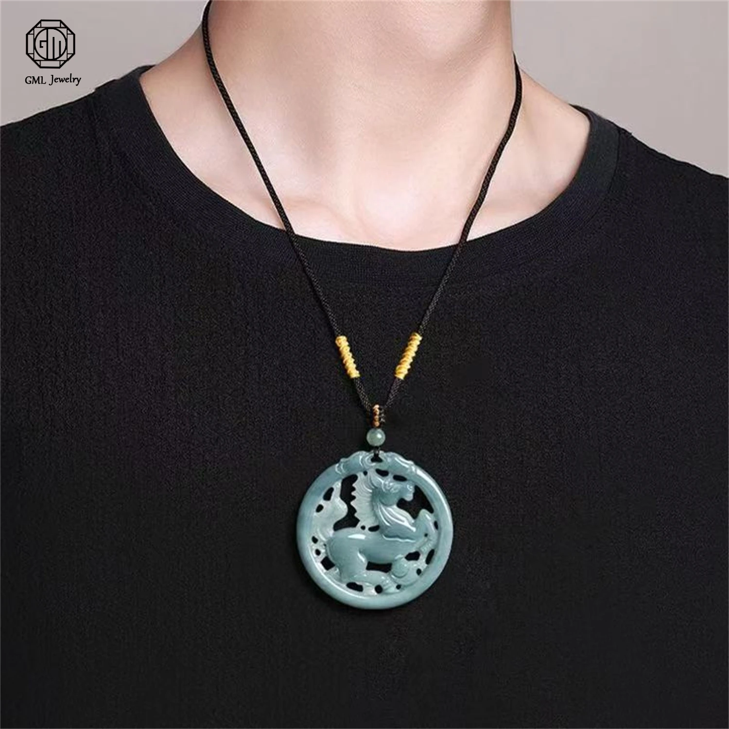 Natural Grade A Jadeite Blue Water Horse Money Ingot Openwork Pendant Ice Translucent Unisex Men Women Gemstone Necklace Jewelry