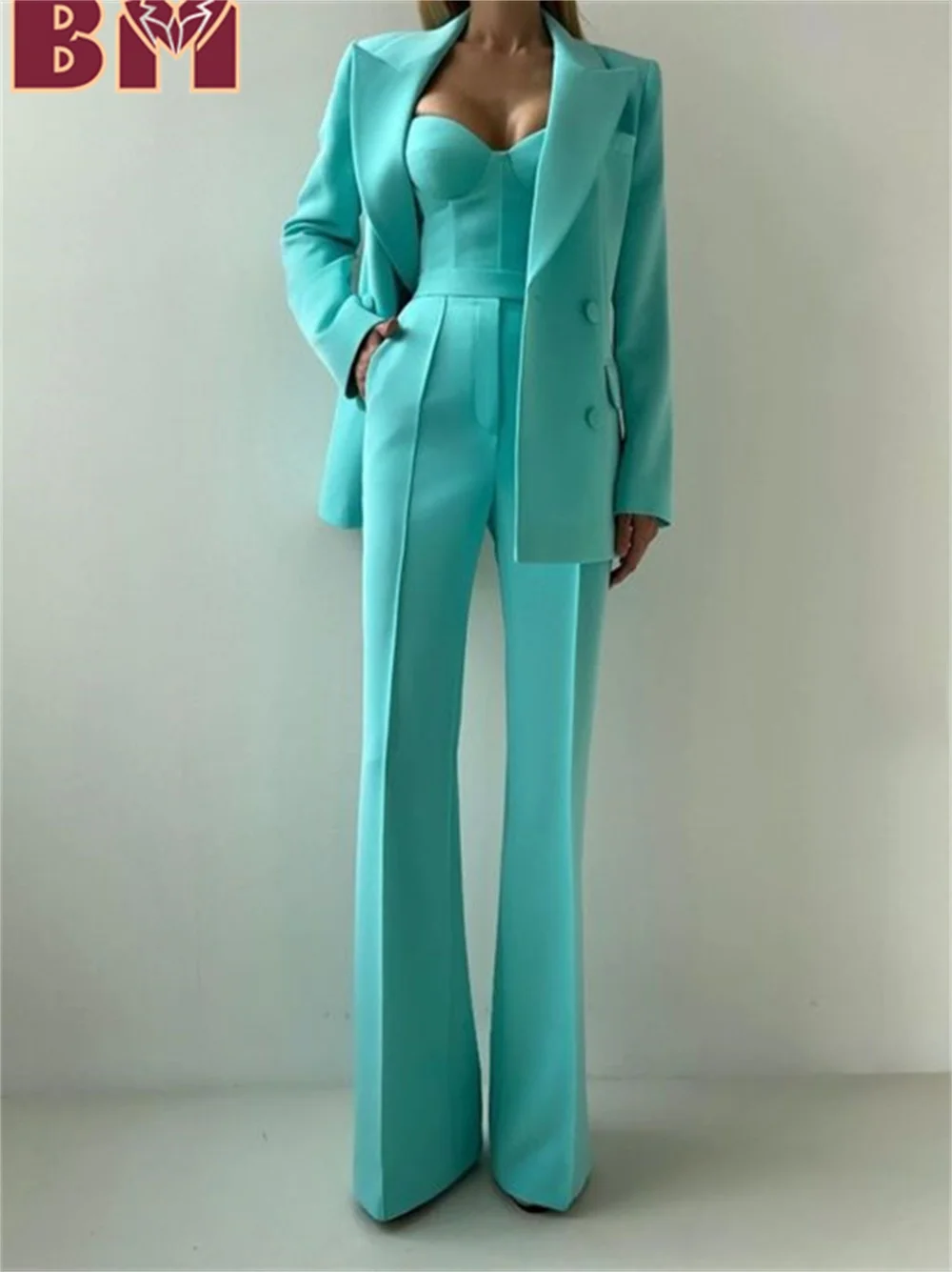 BRLMALL-2PCS Fashionable Peak Lapel Women Suit Set Jacket Pants Classic Solid Color Women Suit Simple Women Office Suit