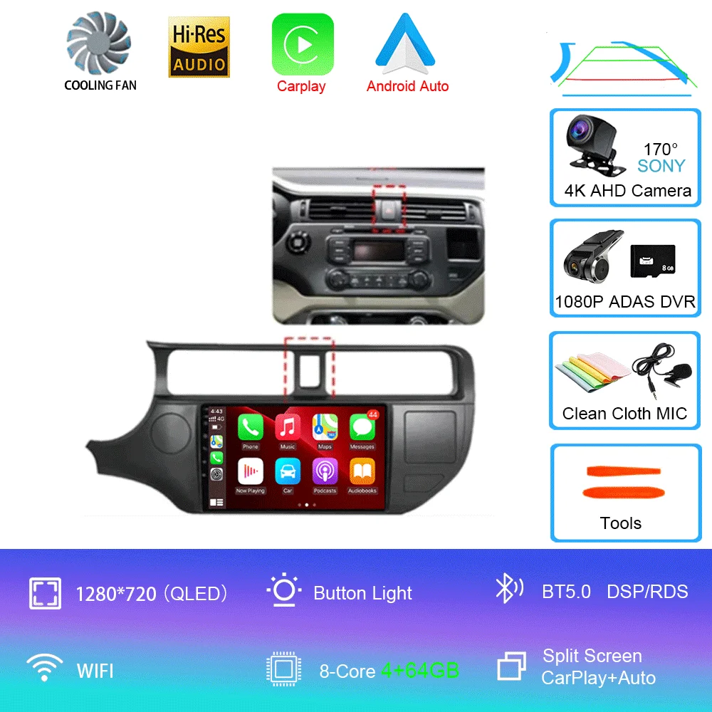 Android 16 Carplay Auto voor Kia RIO 4 K3 2011 2012 2013 - 2017 autoradio multimediaspeler navigatie GPS geen 2Din 2 Din