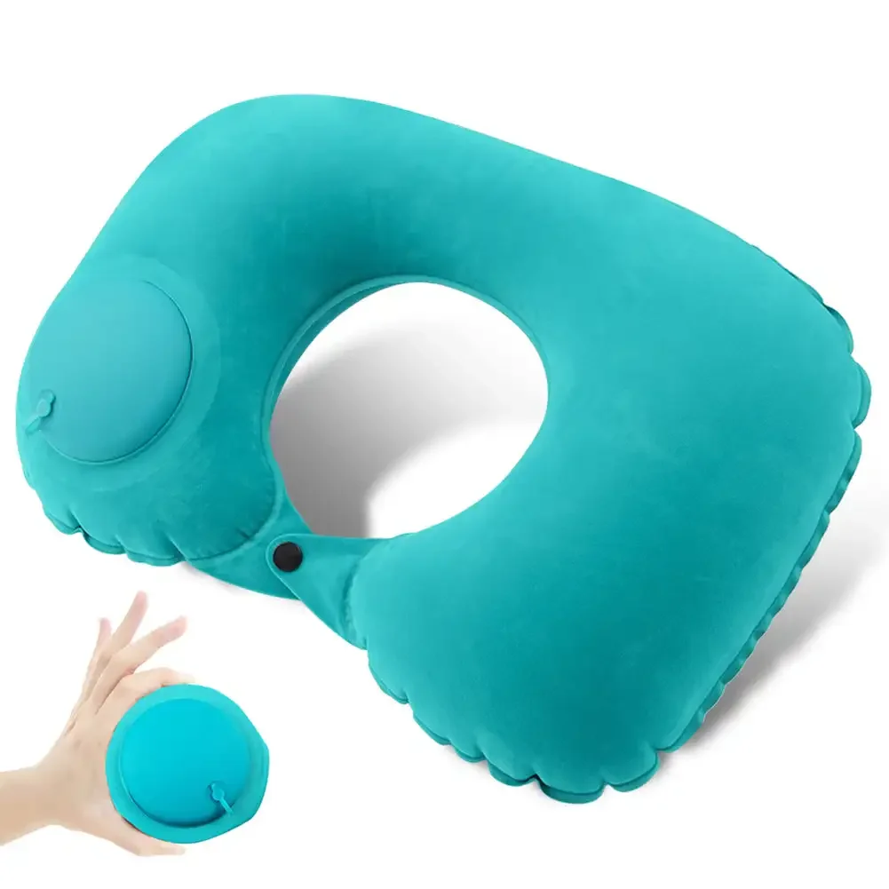 U Shape Neck Cushion Automatic Air Inflatable Pillow Compress Ring Pillow For Airplane Car Outdoor Travel Flocking Milk Fiber