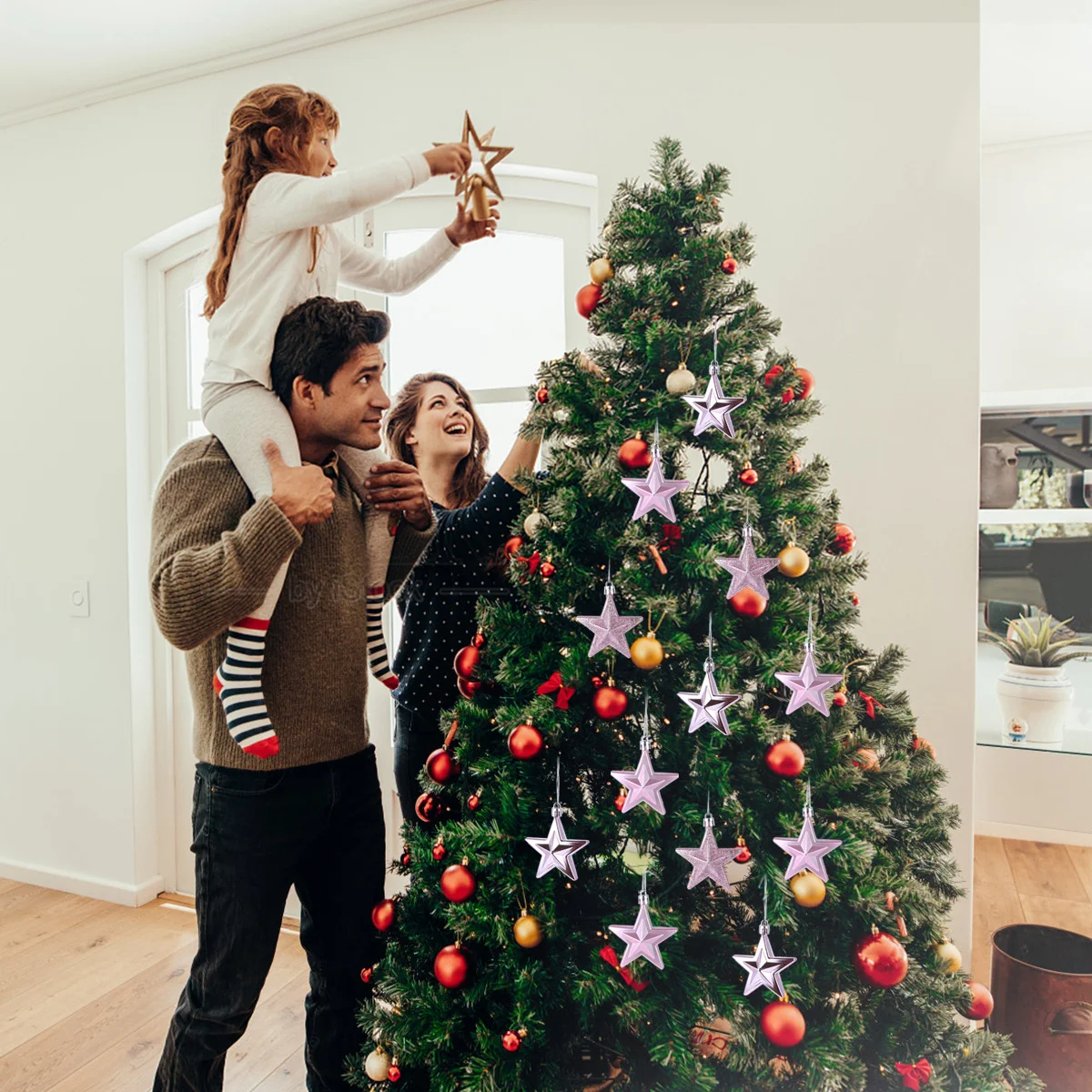 

18Pcs Christmas Tree Hanging Star Decor Plastic Five-Pointed Star Ornament Eco-Friendly Xmas Decor for Home Hotel