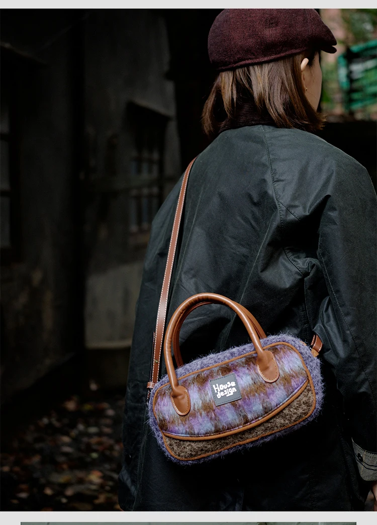 الخريف والشتاء الرجعية الأرجواني الصوفية حقيبة كروسبودي حقيبة البولينج للنساء رائعة أفخم حقيبة كتف محمولة باليد لفتاة