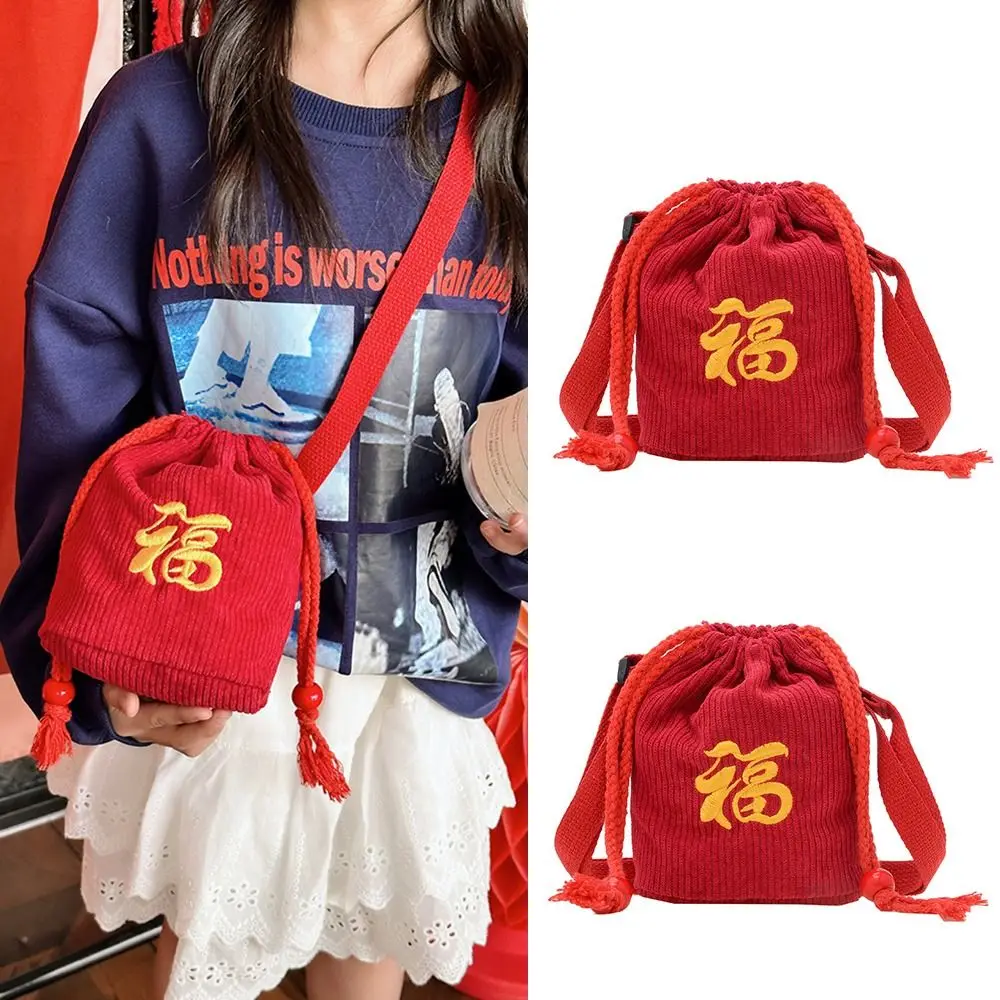 

Spring Festival New Year Drawstring Bag Chinese Style Red New Year Lucky Money Bag Party Crossbody Fu Embroidered Bag