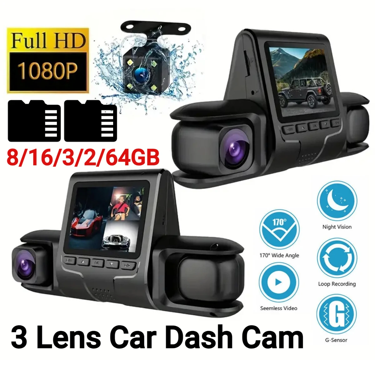 

3 Lens Car DVR Dash Cam HD 1080P Dash Camera G-Sensor Auto Video Recorder 24H Parking Monitoring Dashcam Car Front Rear Camera