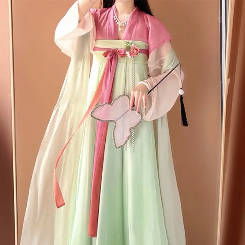 Chinês tradicional rosa laranja verde roupas femininas fada hanfu moda estilo étnico festa palco mostrar cosplay vestido de princesa