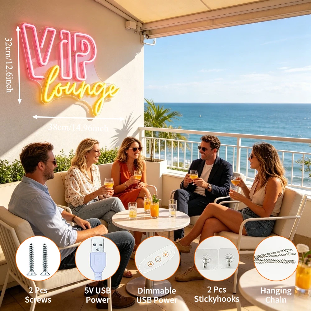 VIP Lounge Neon Sign LED Light for Home Bar Decor USB Rechargeable Wall Art Night Light for Club Party Event Table Top Desk