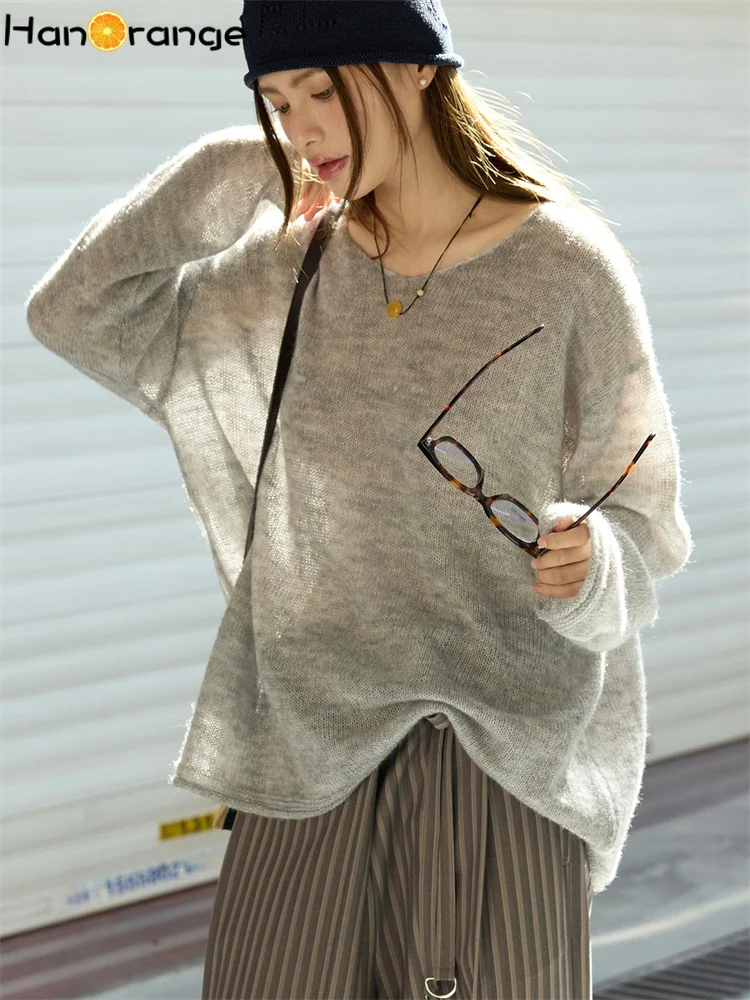 

HanOrange 2025, ранняя осень, ленивый атмосферный дизайн, свитер с загнутыми краями и v-образным вырезом, женский нежный пушистый топ, светло-серый/синий