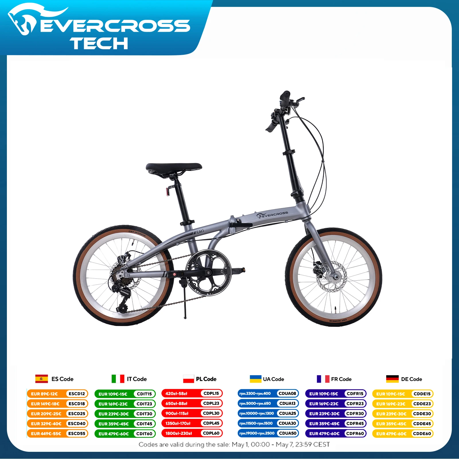 EVERCROSS TECH 20-Zoll-Klapprad – 7 Gänge – Rahmen aus ultraleichtem Aluminium – Scheibenbremse – EM1