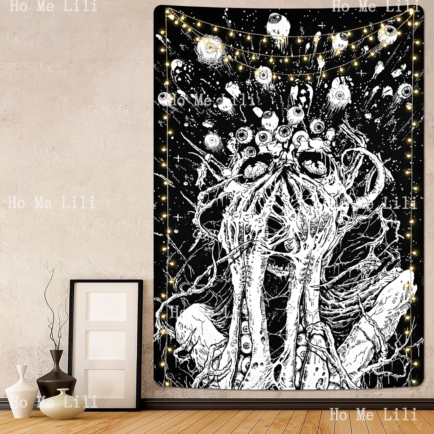 Uspring Skull Trippy Eyes Black And White Skeleton Tapestry Dark Horror Wall Tapestry Decorate
