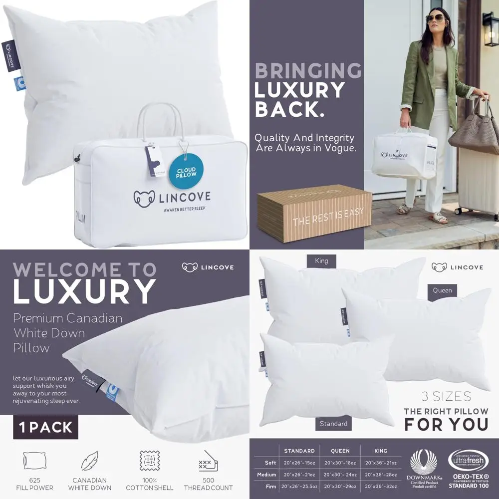 

Canadian Natural Down Pillow - Luxurious White Sleep Pillow with 625 Fill Power, 500 Thread Count Cotton Cover