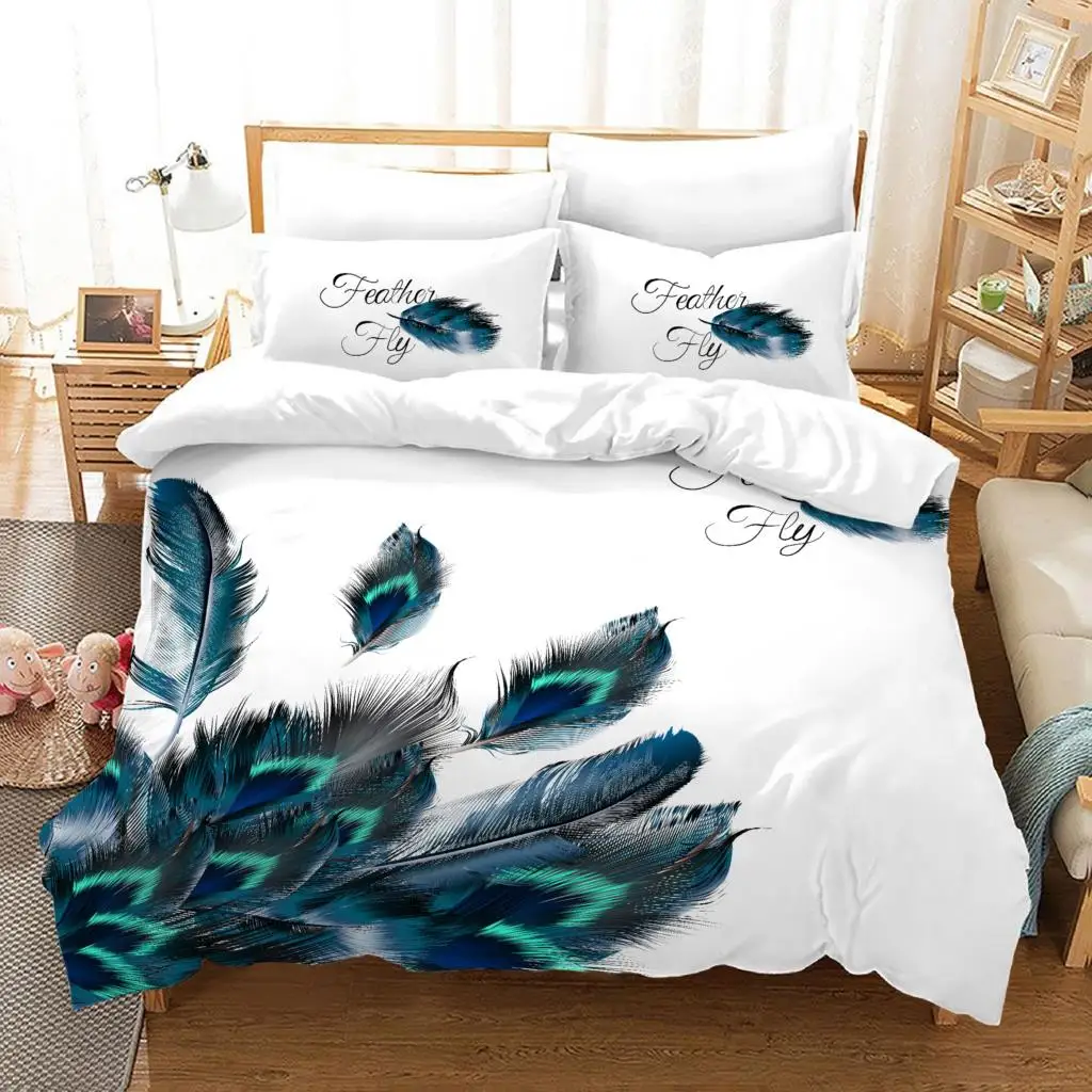 

Queen/King Size Colored Peacock Feather Printed Bedding Set - Deluxe Down Quilt Cover & Pillowcase for Adult & Children Bedrooms