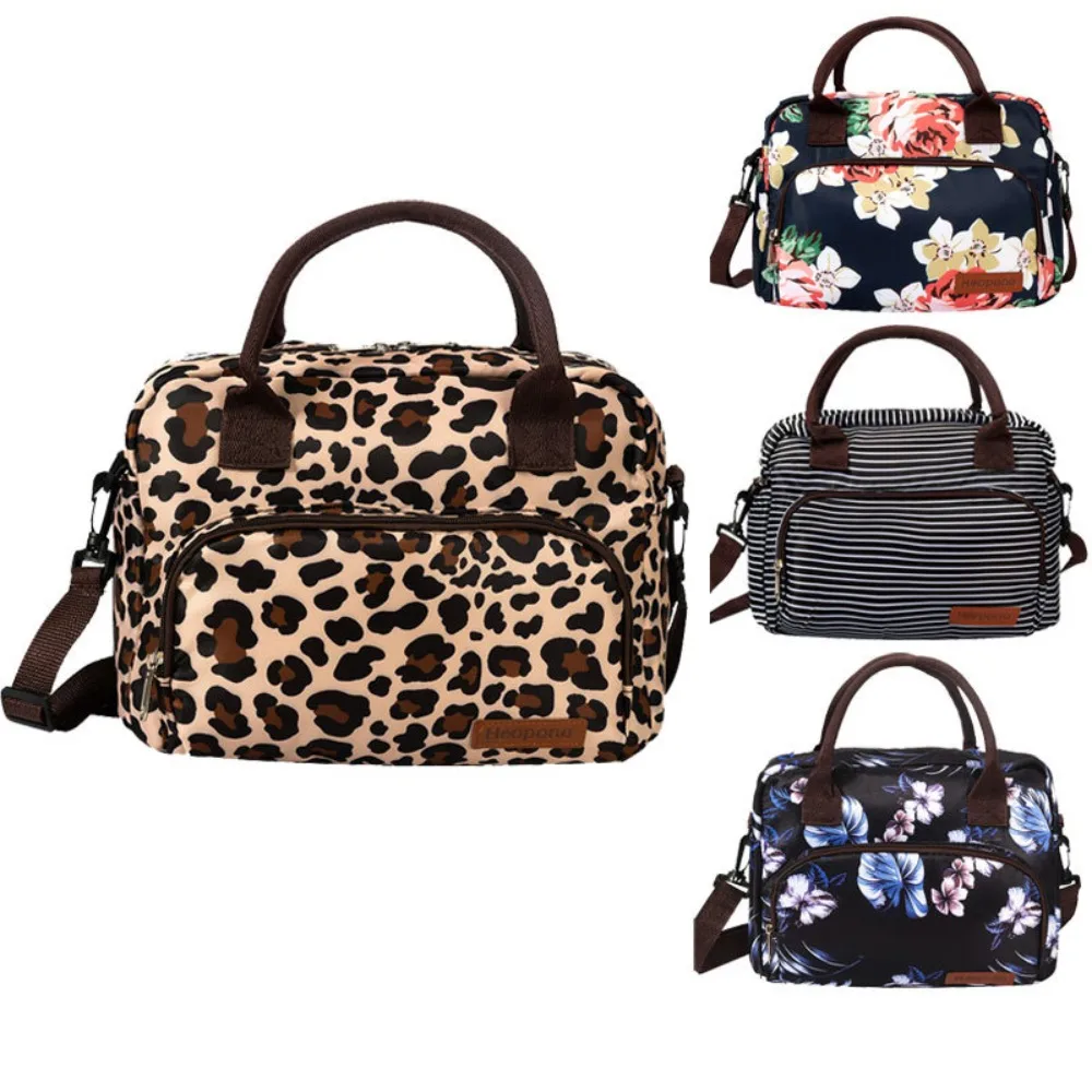 

Практичная портативная нейлоновая сумка для обеда, ручная изолированная сумка большой емкости, сумка для подгузников с леопардовым принтом и цветочным принтом для детей