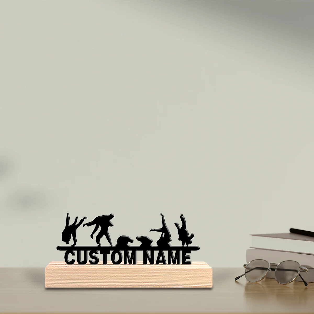 1pc Modern Somersault Customized Text Iron Statue Tin Ornament Tin Sculpture With Wood Base Handicraft With Wood Base Home Table