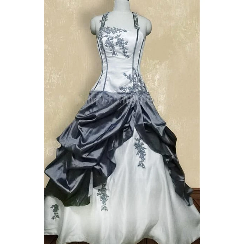 Vintage a linha bordado vestido de casamento vitoriano sem mangas halter pescoço cinza e branco vestidos de noiva longos ruched personalizado robe