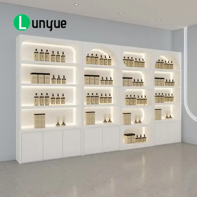 Modern Wooden Cosmetic Display Cabinet Durable Eco Friendly Storage Rack for Beauty Live Broadcast Room Restaurant