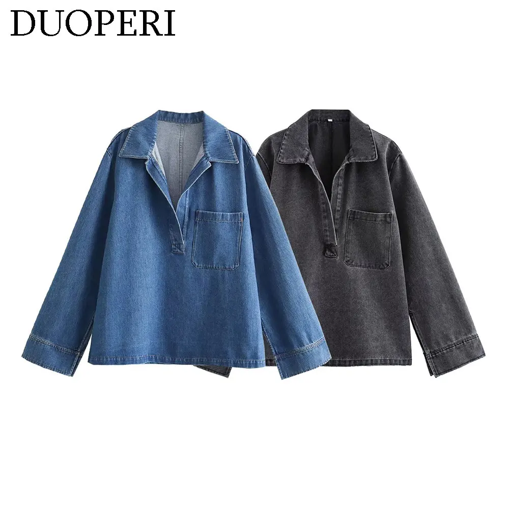 DUOPERI Women Fashion Denim Blouse Jacket Lapel Collar Long Sleeves Female Chic Lady Casual Shirt