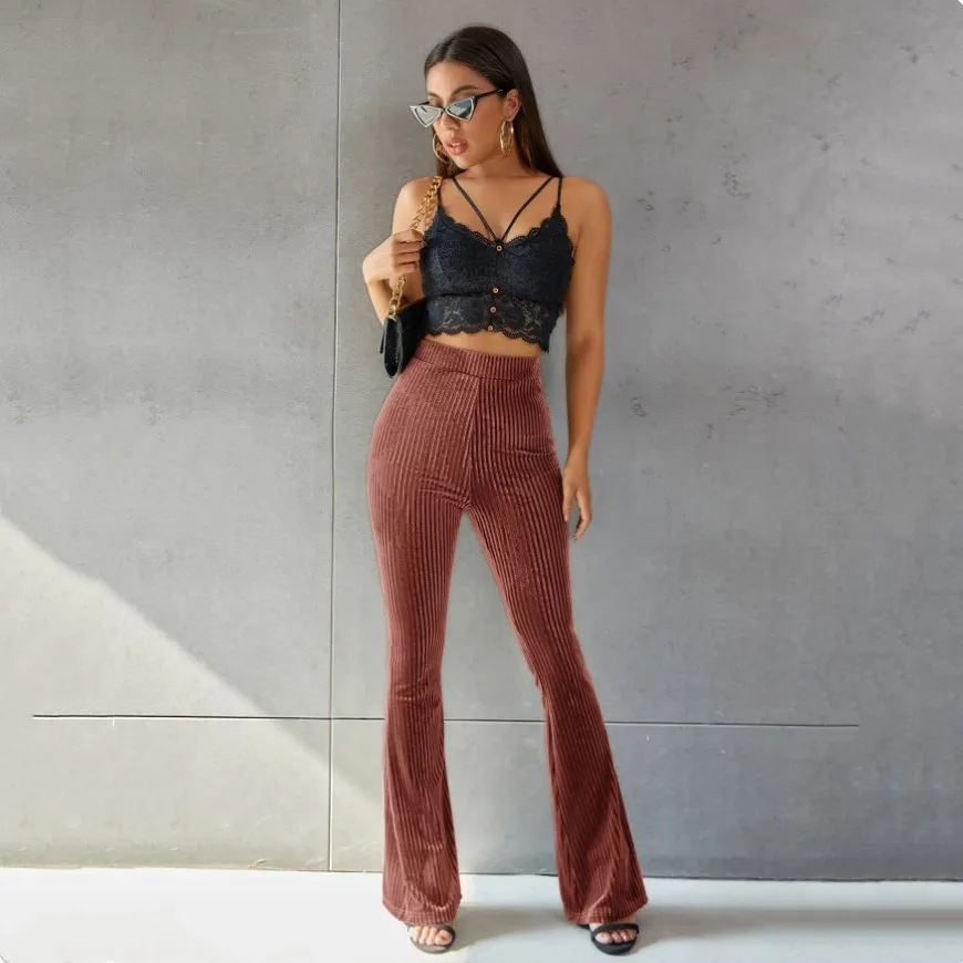 BKLD 2025 New Women Clothing Fashion Solid Color High Waist Velvet Pants Sexy Party Clubwear Causal Trousers Flare Pants