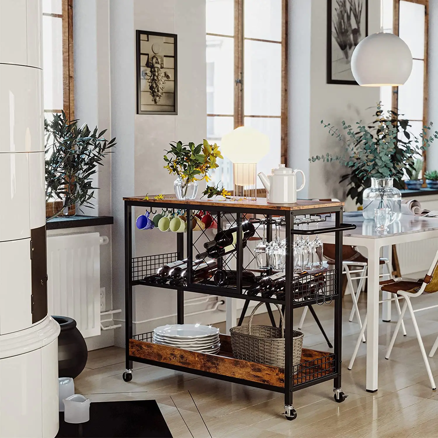 The food cart can hold red wine and hanging goblet holders. Side cabinets