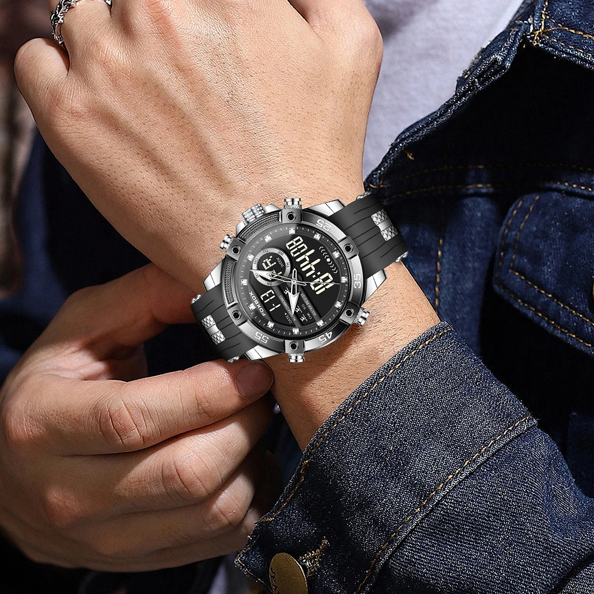FOXBOX New Military Analog Digital Watches For Men Fashion Silicone Quartz Men's Watch Outdoor Sports Waterproof LED Watch Men
