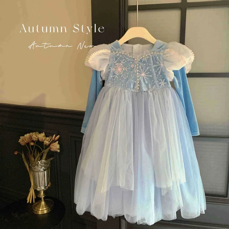 \' Luminous Princess Autumn Children Girls\' Birthday Dress Blue Puffy Tulle Skirt