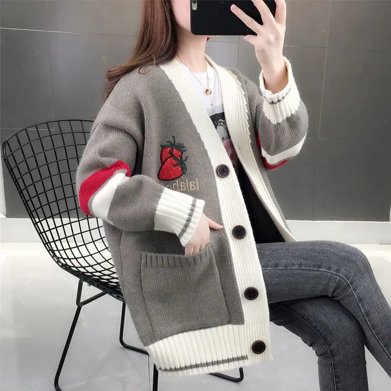 Fashion Casual Spliced Pockets Cardigan Sweaters Female Clothing 2023 Autumn Winter Loose Sweet Tops All-match Knitted Coats