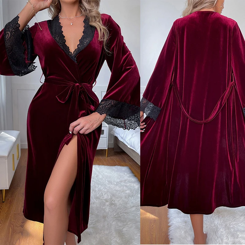 V-Neck Lace Bathrobe Gown Warm Velvet Nightgown Women Home Dress Sexy Sleepwear Long Robe Female Peignoirs Autumn Winter New