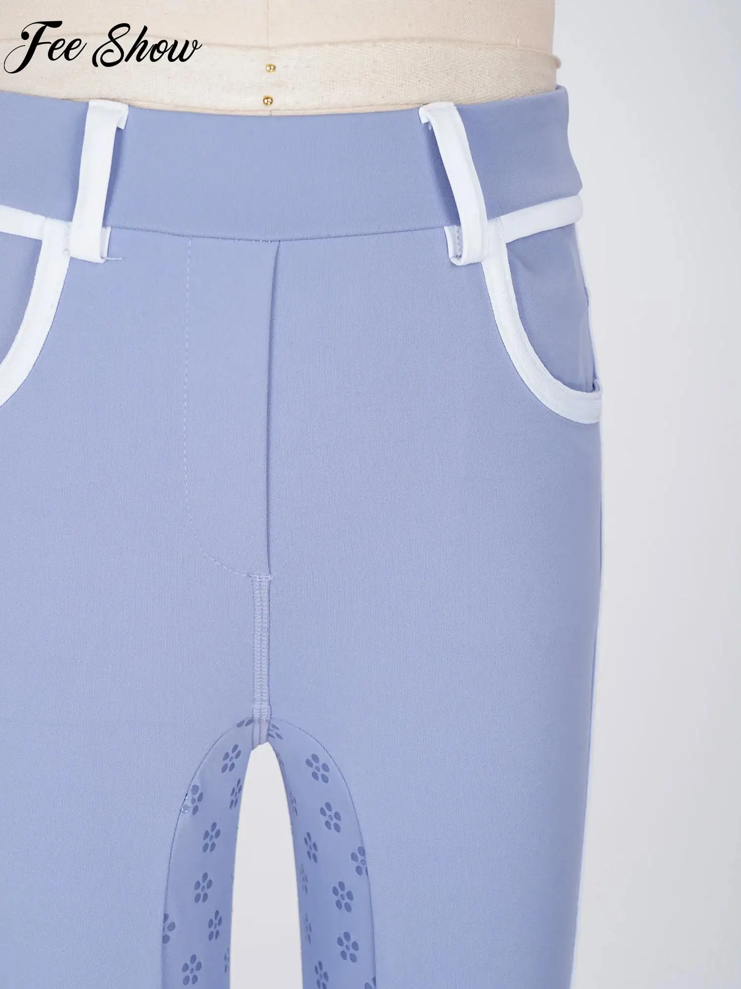 

Kids Girls Non-slip Full Seat Breeches Horse Riding Pants Contrasting Trim Equestrian Leggings with Pockets and Belt Loop