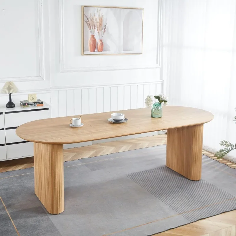 

59"-90" Extendable Dining Room Table for 6 8 10 People, Modern Oval Expandable Kitchen Table with Wood Strip Base, Farmhouse Lar