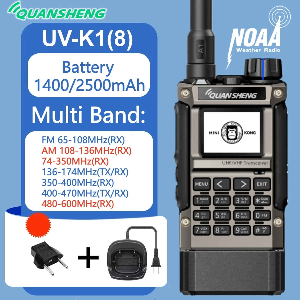 

Рация Quansheng UV-K1 8 (UV-K1(8)) 5 Вт AM/FM с USB-C/базовой зарядкой, UHF/VHF, двухсторонняя связь, функция оповещения о погоде NOAA