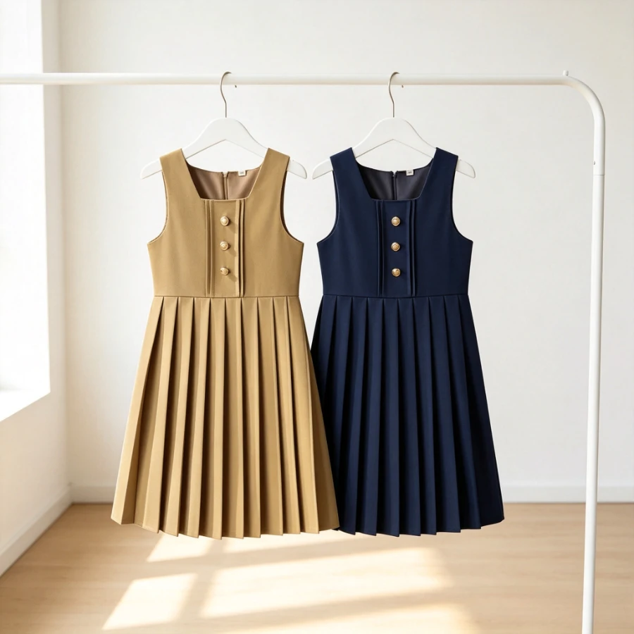 School Girls Pleated Pinafore Dress Button Front A-Line Vest Skirt Kids Smart Casual Outwear for Layering Fall Party Daily Wear