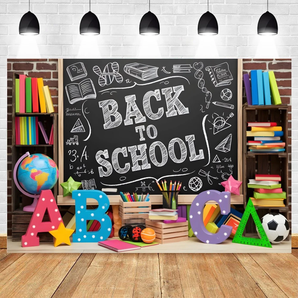 Back to School Backdrop Photography Classroom Blackboard Pencil Books Wood Floor Children Portrait Photo Background Photo Studio