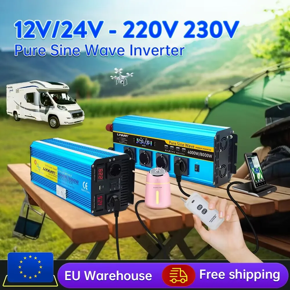 8000W Pure Sine Inverter DC12V/24V to AC220V 230V Remote Control LCD Display RV Car Converter Solar Battery Power Inversor