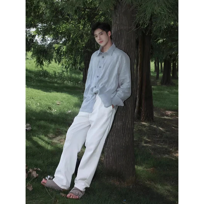 White Wide Leg Men's Jeans Casual Chic Loose Fit Straight Tube Long Trousers Trendy Style Polyester Fiber Autumn Season