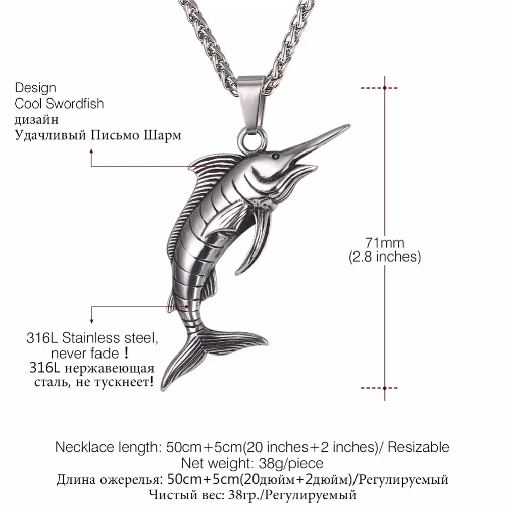 Stainless Steel Swordfish Necklace Steampunk Big Fish Jewelry for Men GP2593